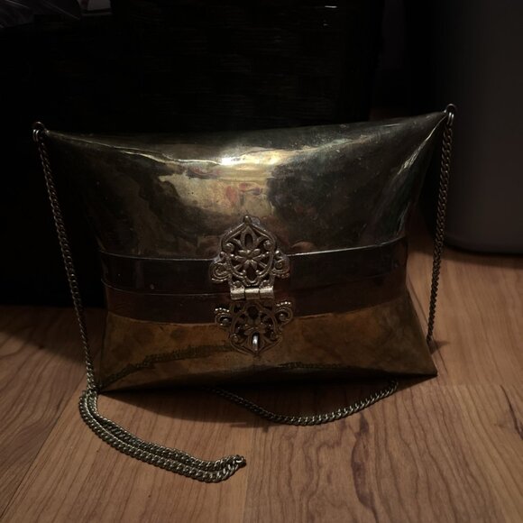 Vtg Brass Pillow Purse Square Copper Art Deco Handbag Chain Shoulder Strap Latch - Picture 3 of 15